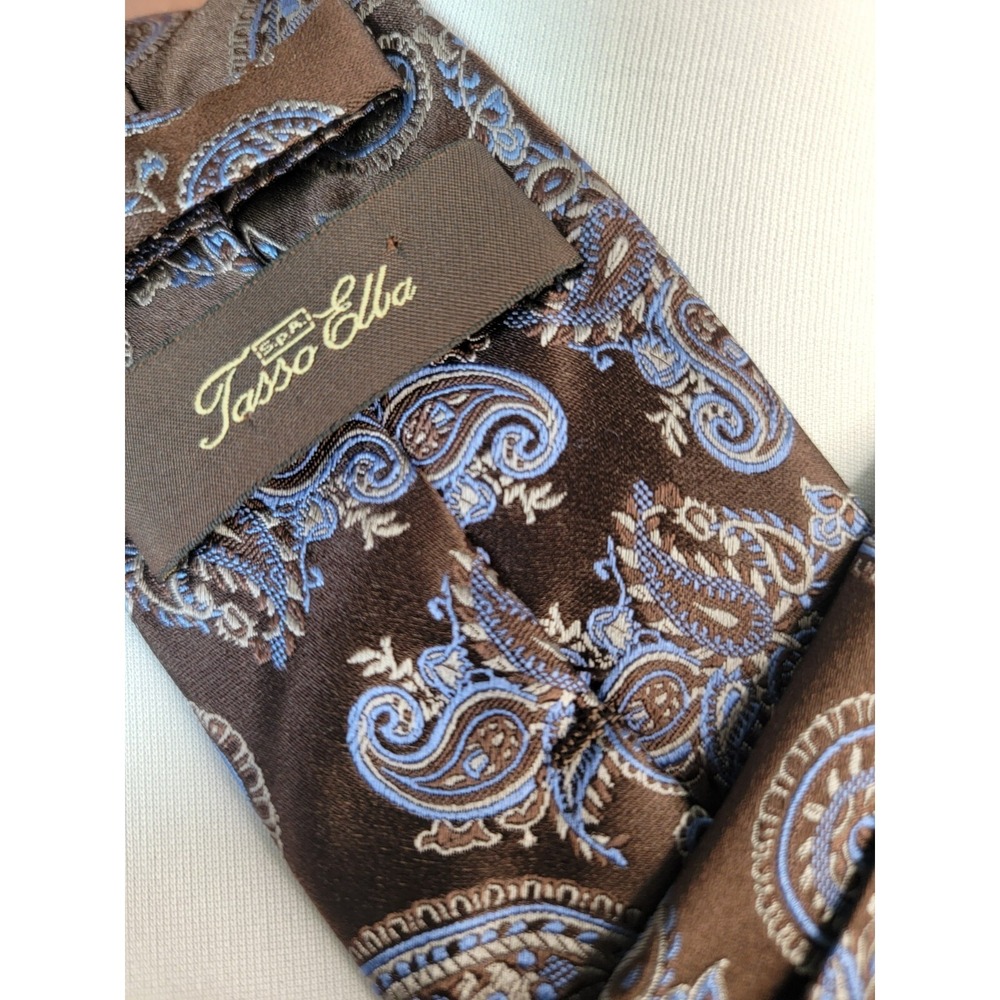 SPA Tasso Elba 100% Silk Brown Tie Blue Embroidered Paisley‎ Design Luxurious
